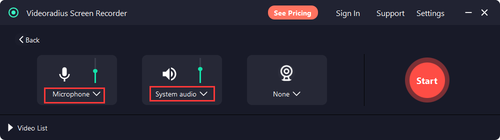 Audio sources toggles with System Audio and Microphone enabled
