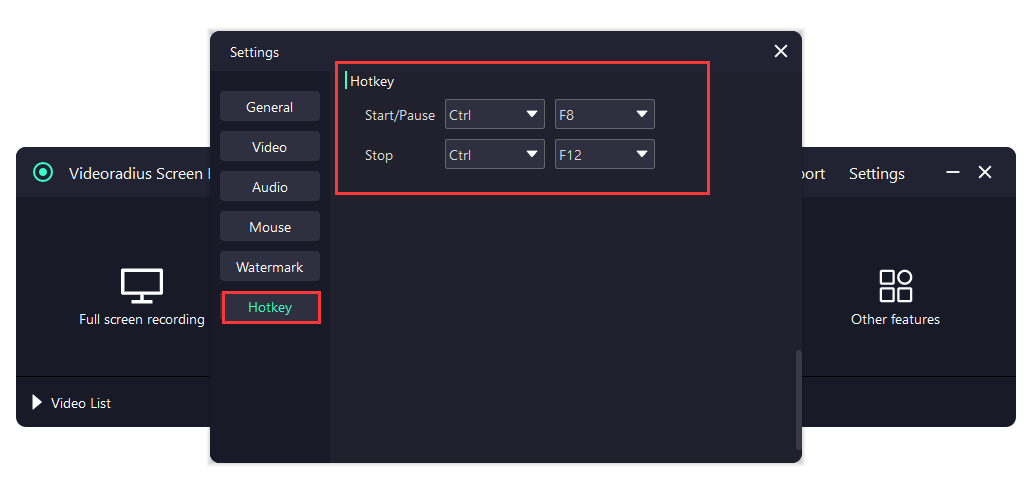 Hotkeys settings: start/stop, pause/resume, and screenshot shortcuts