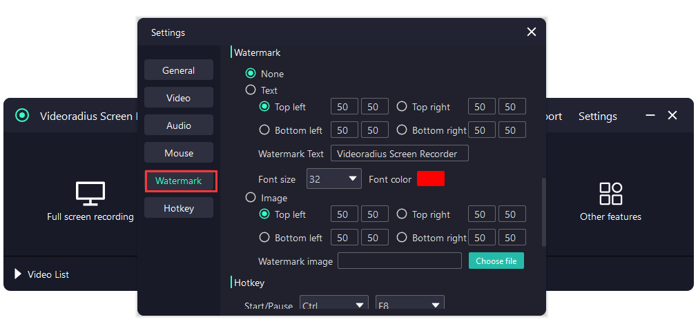 Watermark settings panel in Videoradius Screen Recorder
