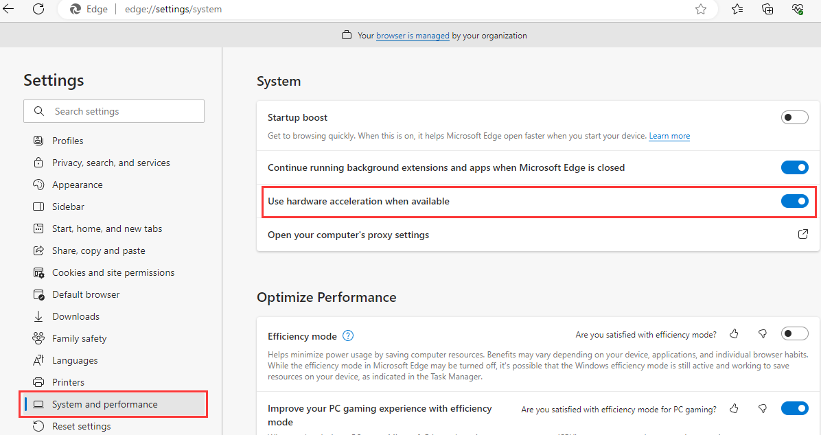 Chrome/Edge settings showing hardware acceleration turned off to fix browser tab recording black screen.