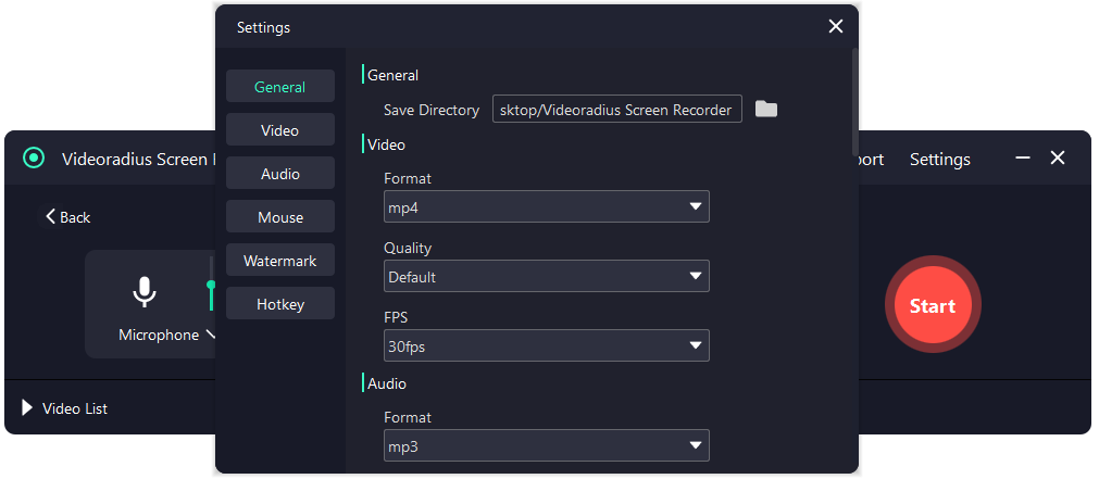 Videoradius export/settings screen showing safe defaults: MP4 (H.264), 1080p, 30fps.
