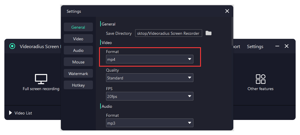 Videoradius export settings showing MP4 (H.264) selected and a moderate bitrate for smooth recording without stutter.