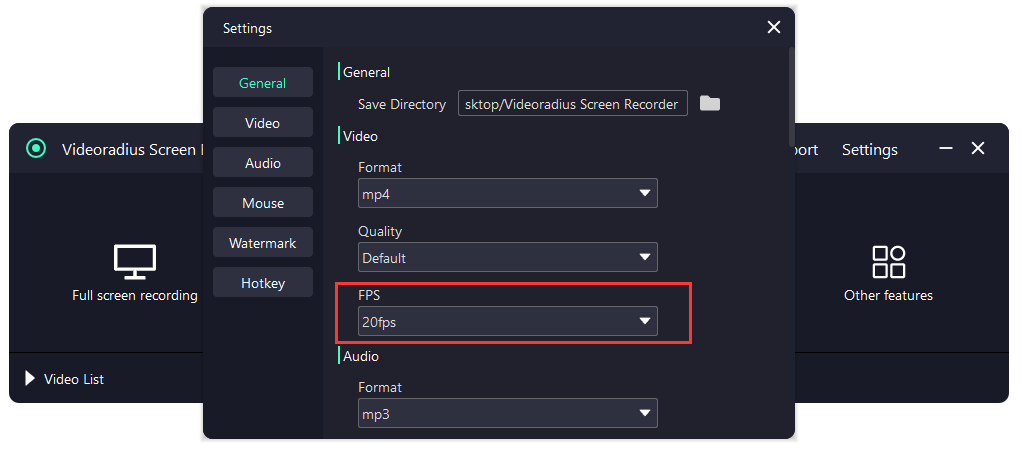 Videoradius Screen Recorder video settings showing FPS changed from 60fps to 30fps to reduce stutter