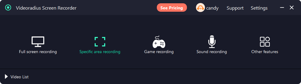 Videoradius Screen Recorder on Windows 11 showing capture mode options: Full Screen, Window, and Area.