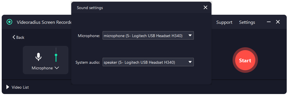 Videoradius Screen Recorder microphone selection on Windows 11 with the input level meter moving while speaking.