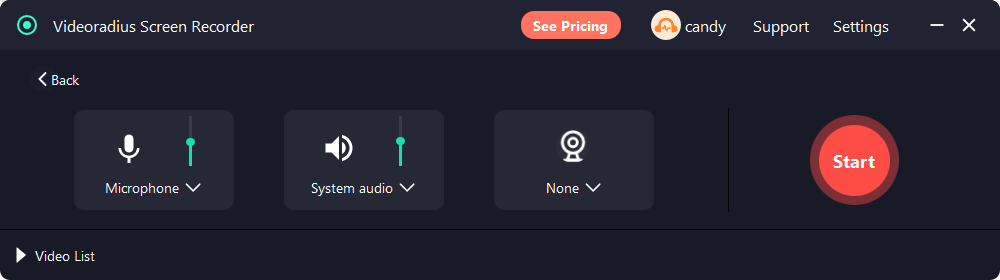 Videoradius Screen Recorder audio panel with System audio enabled for recording computer sound on Windows 11.
