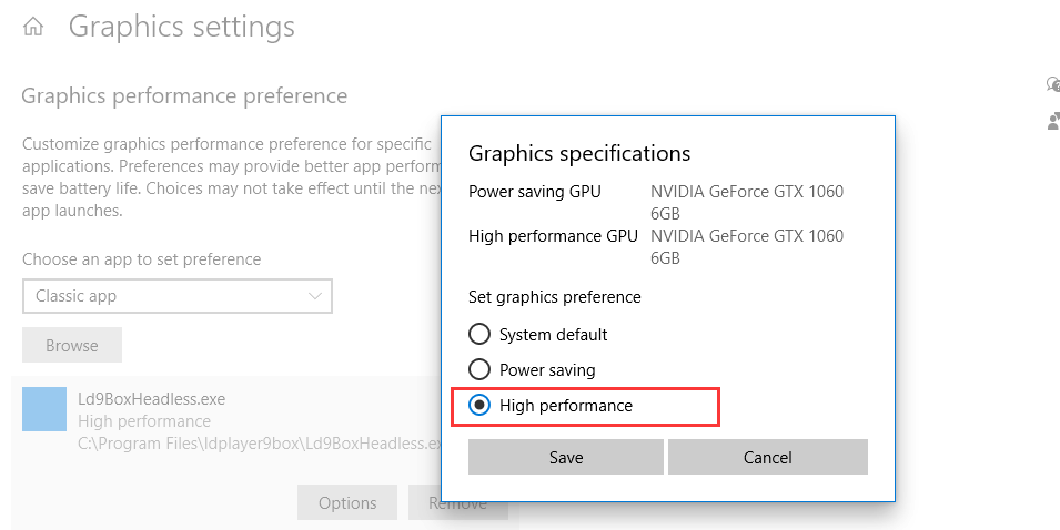 Windows 11 Graphics settings showing an app set to High performance GPU to fix recording lag or black screen issues.