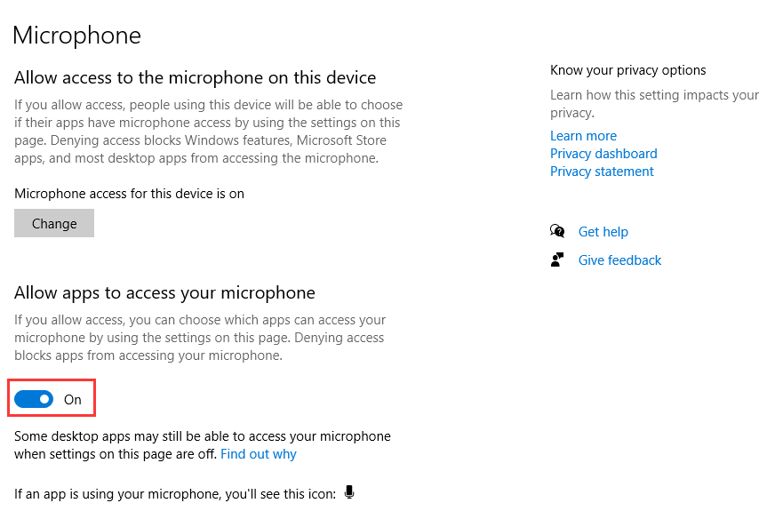 Windows 11 microphone privacy settings showing 'Let desktop apps access your microphone' enabled.