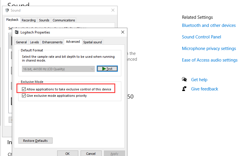 Windows 11 sound device properties with 'Allow applications to take exclusive control of this device' unchecked.