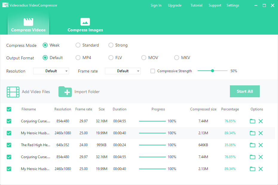 Videoradius Video Compressor interface showing compression controls, quality preview and batch processing panel on Windows